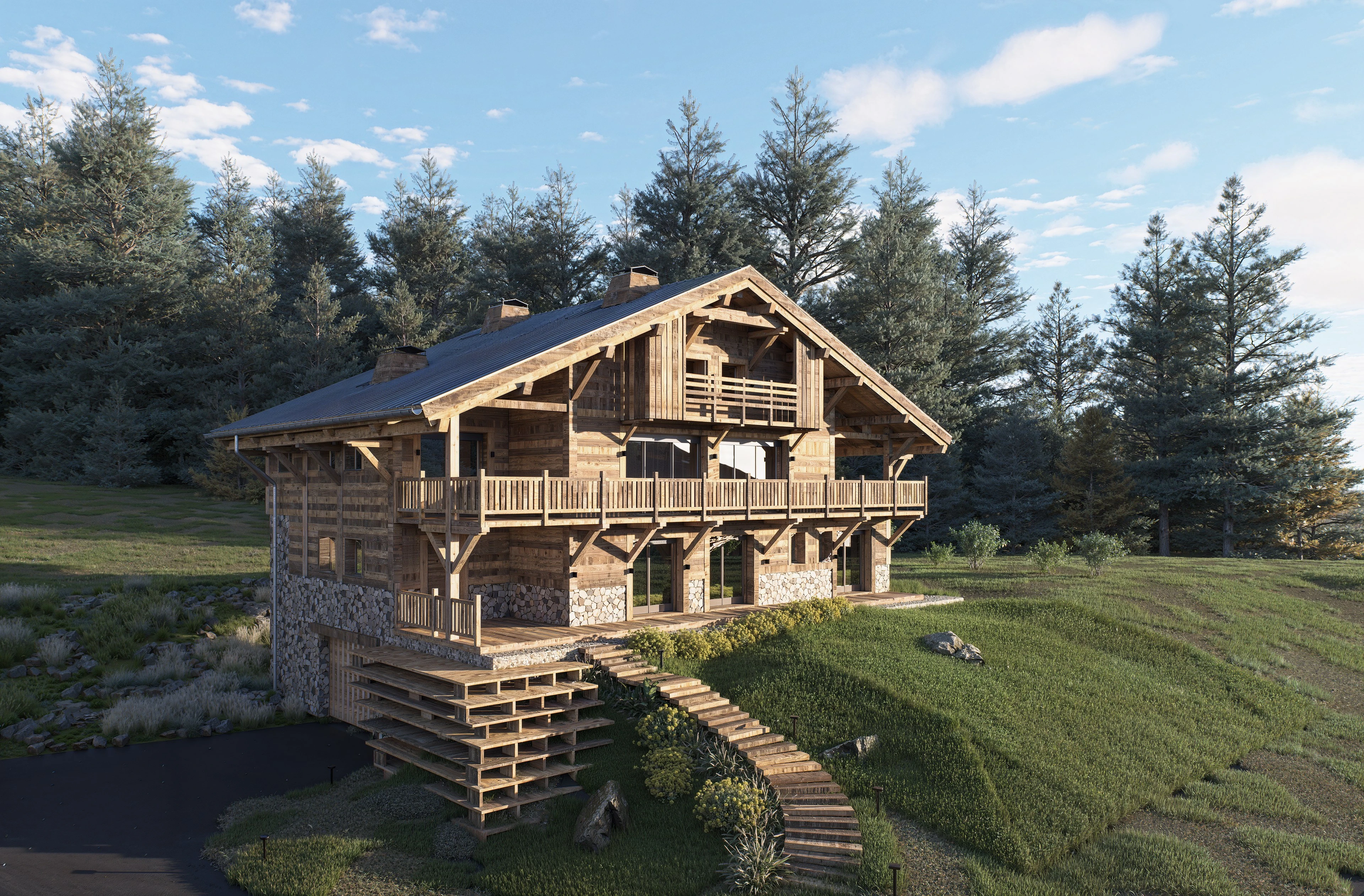 Rendus et variantes – archviz chalet alpin