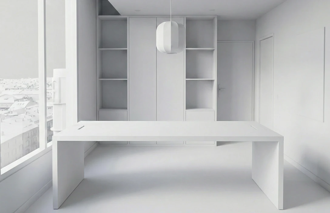 Maquette blanche (clay) — volumes et composition