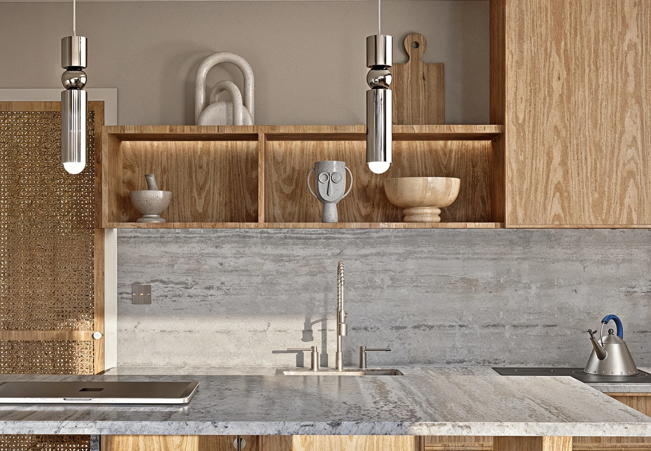 Rendu 3D intérieur – contraste pierre et bois