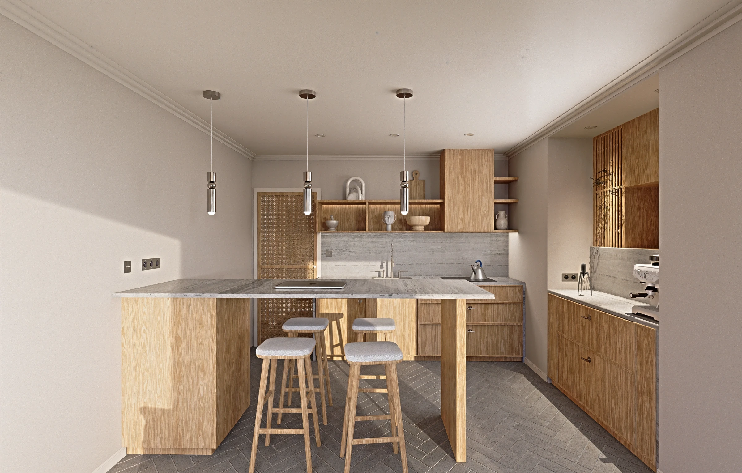 Visualisation 3D d'une cuisine – étude de matière et lumière