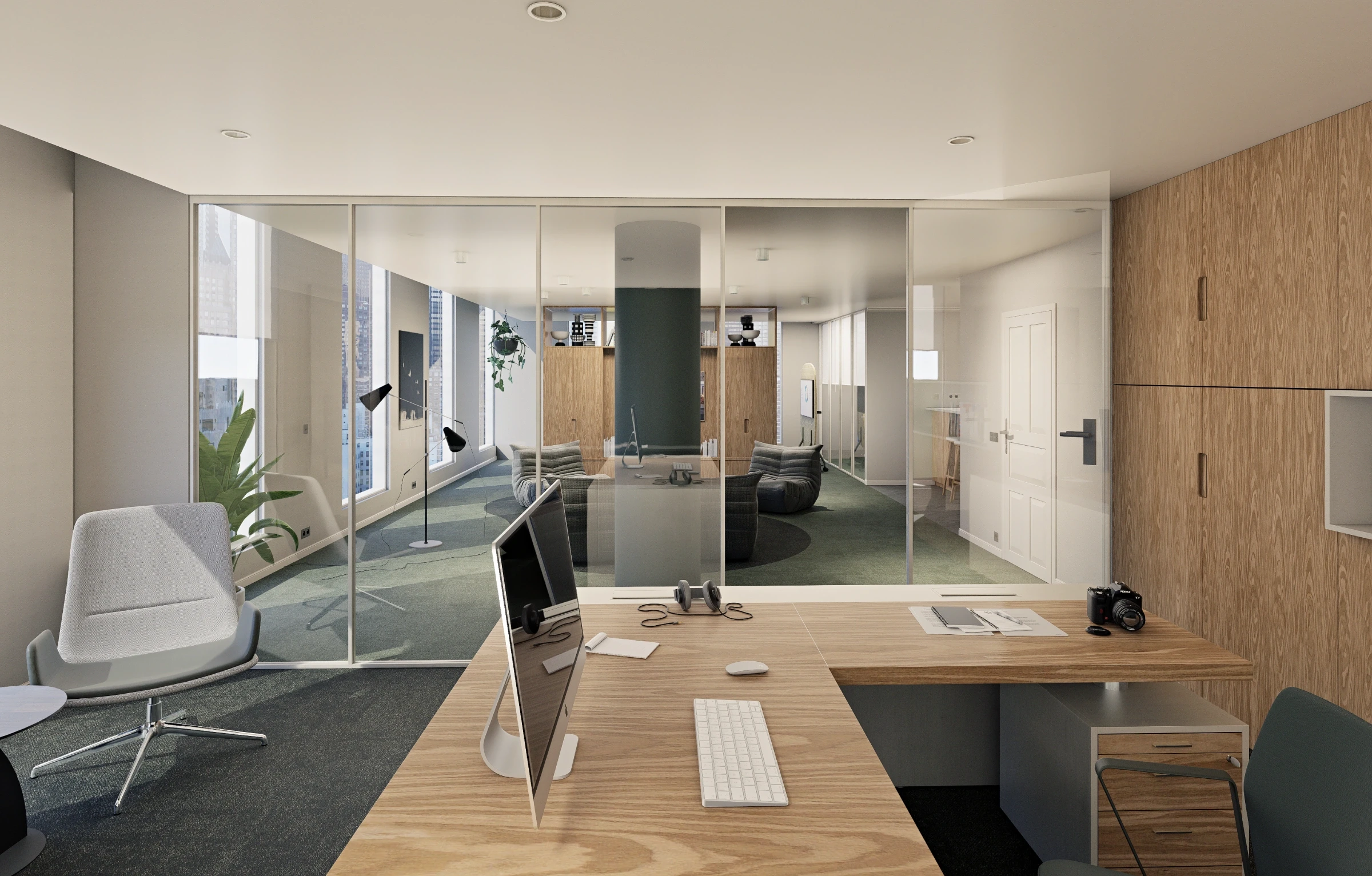 Rendu 3D d'un bureau contemporain avec panorama urbain