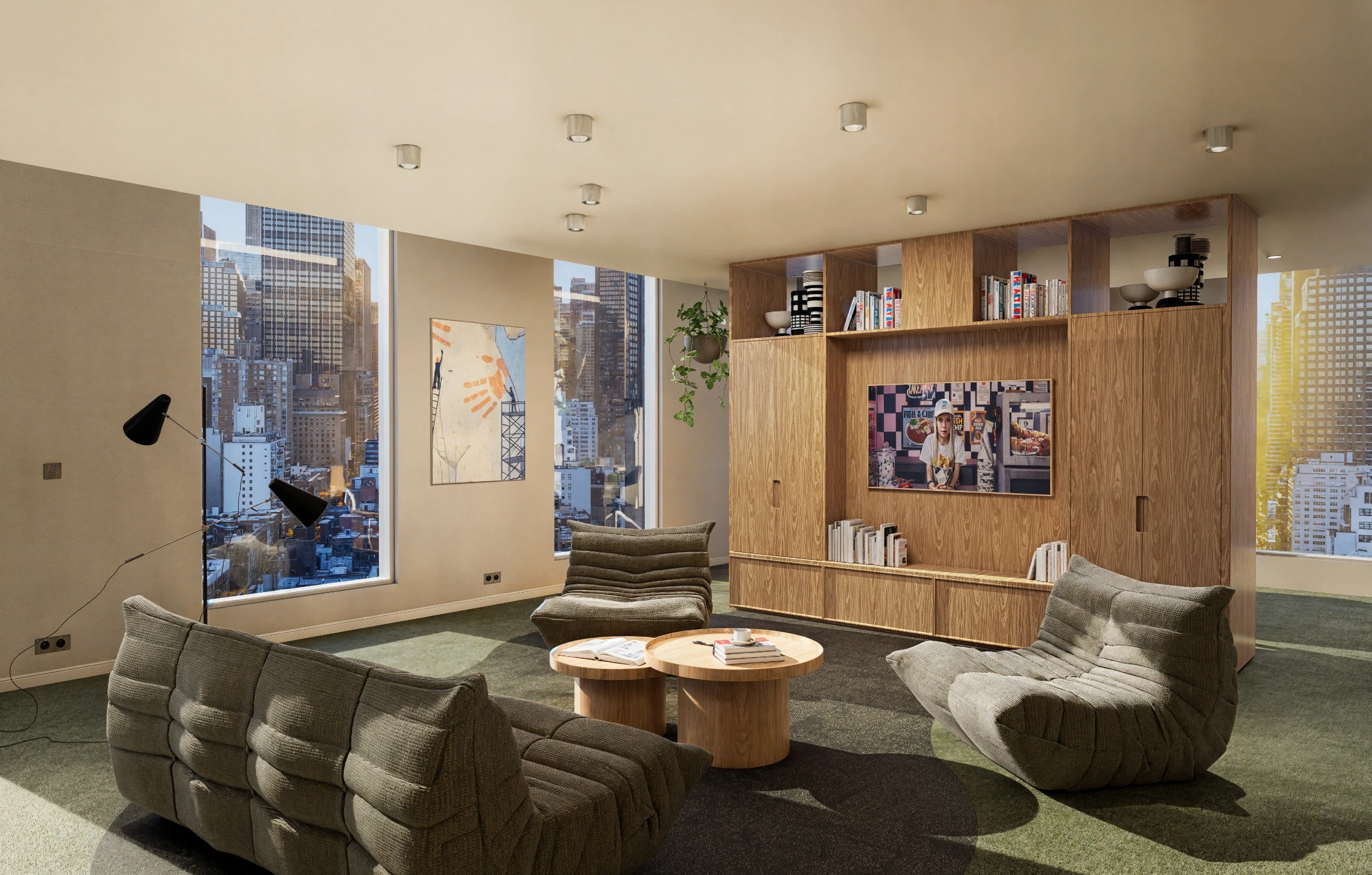 Visualisation 3D d'un espace bureau avec lumière naturelle