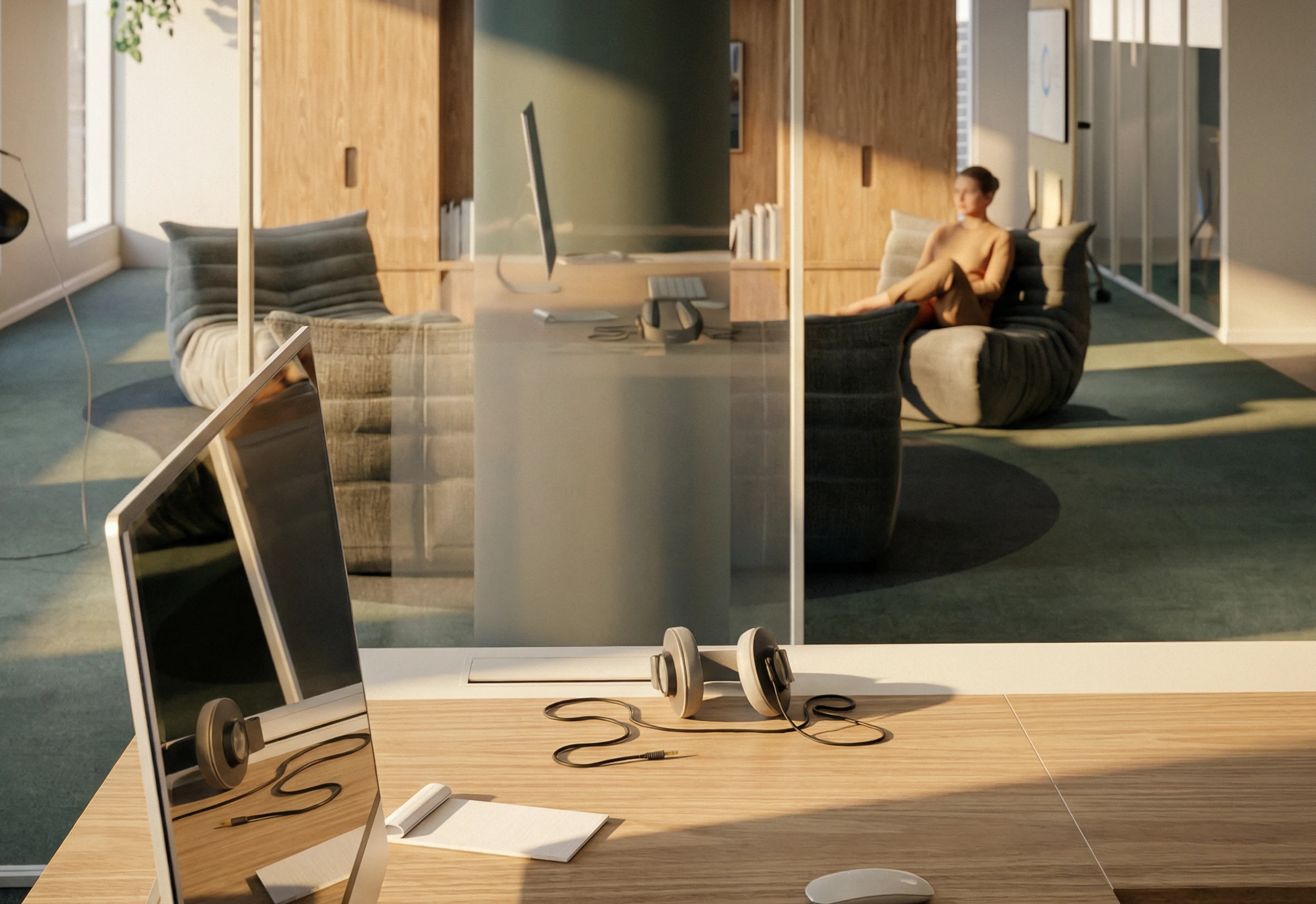 Visualisation 3D d'un espace lounge avec lumière naturelle