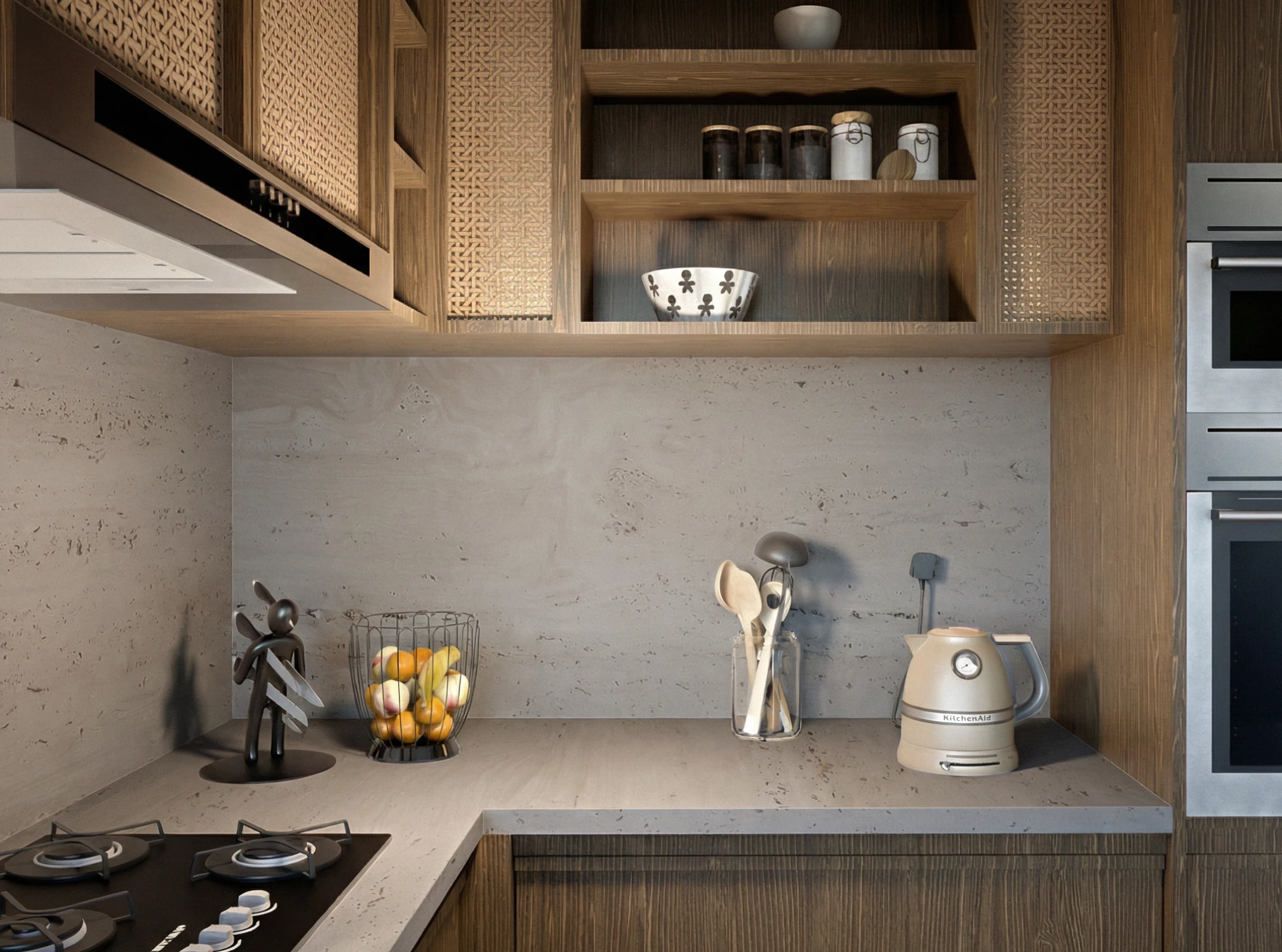 Rendu 3D photoréaliste d'une cuisine avec clair-obscur