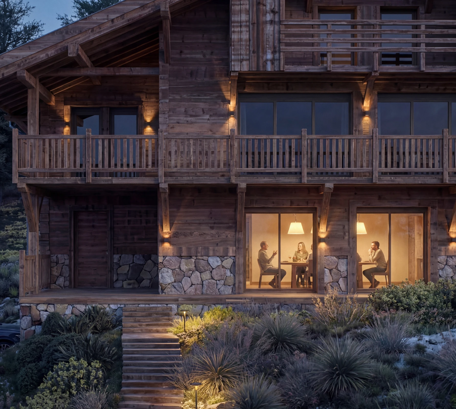 Rendu 3D d'un chalet alpin – ambiance nocturne