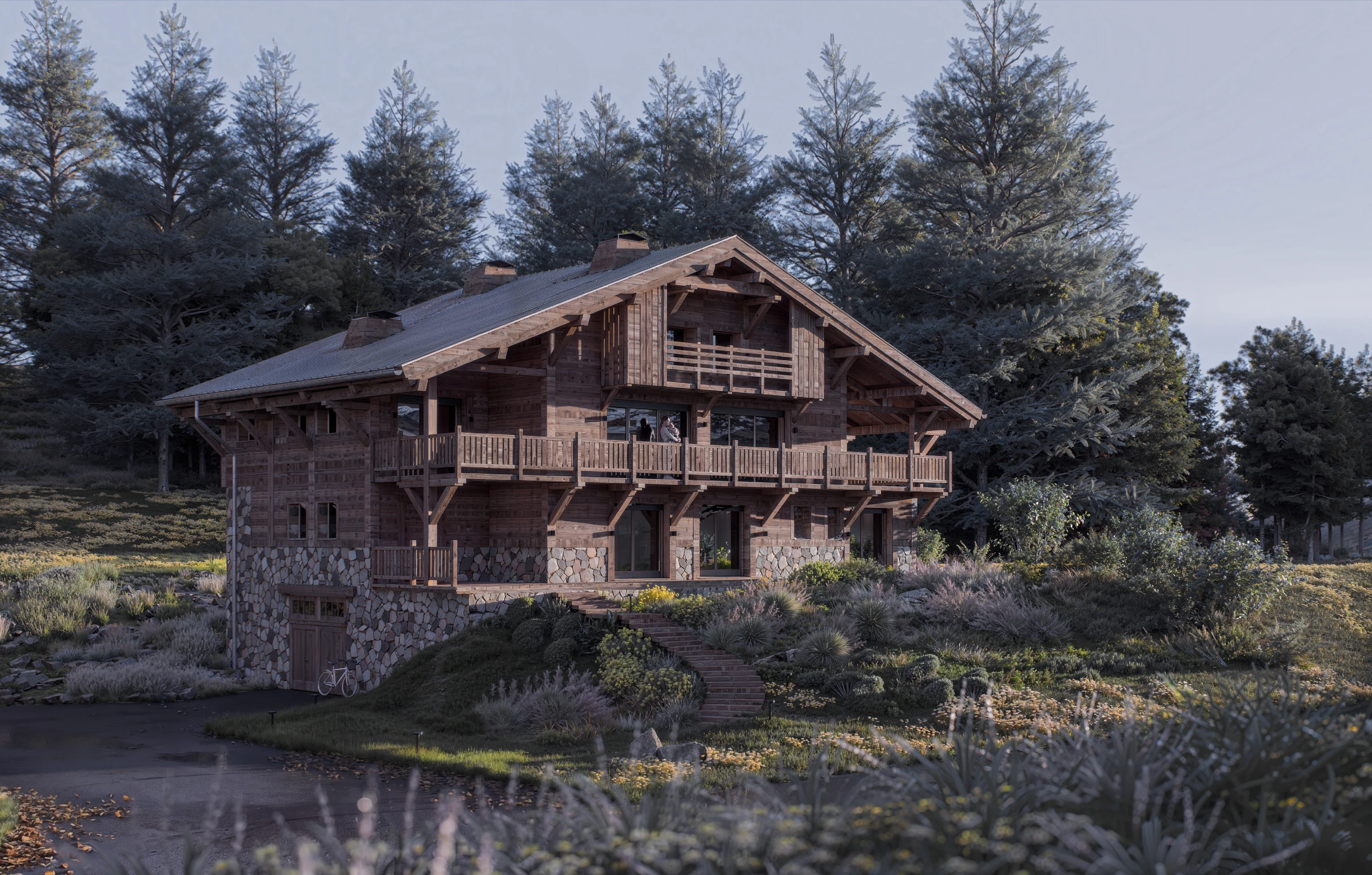 Visualisation 3D d'un chalet alpin – ambiance estivale