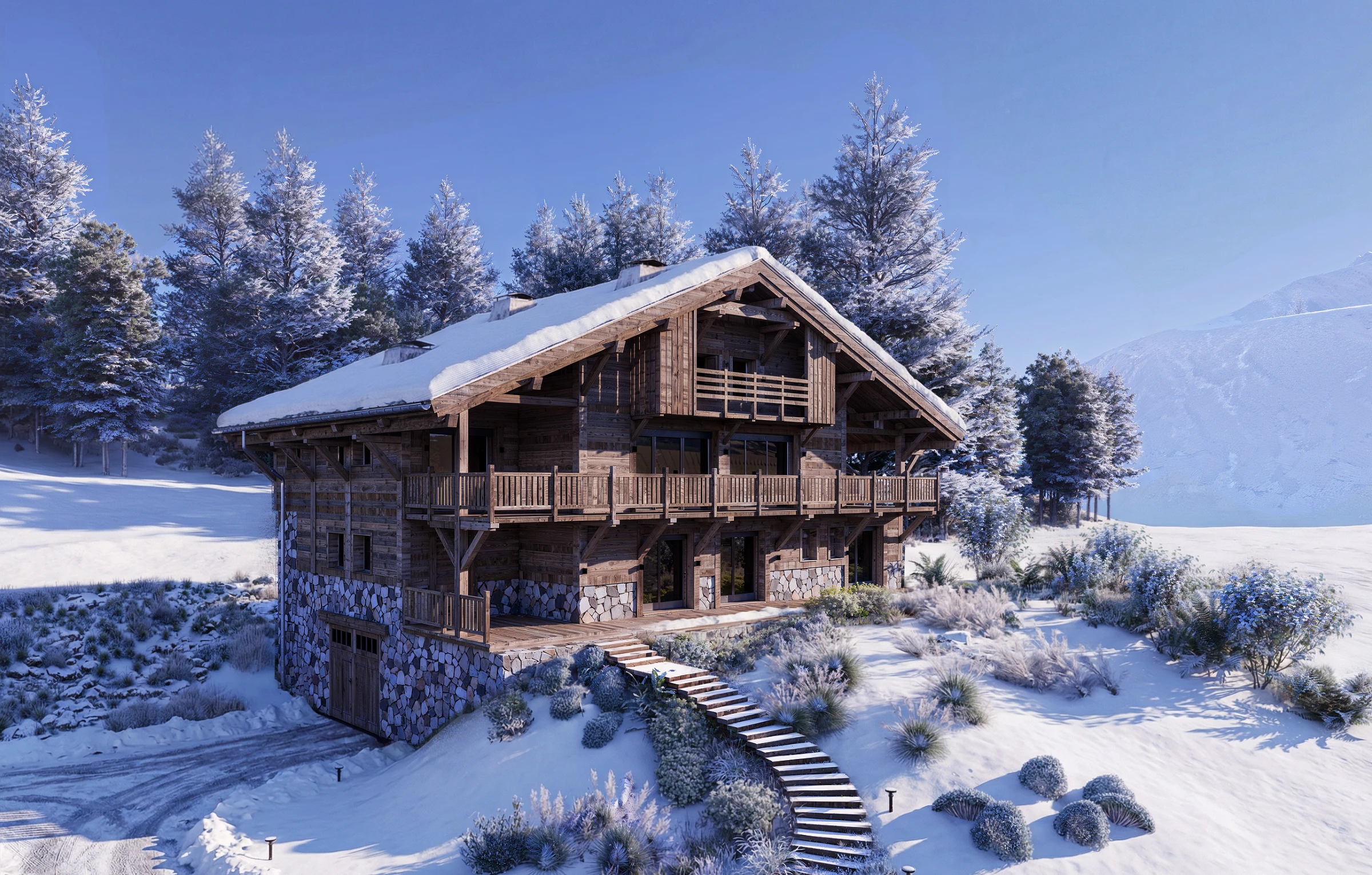 Visualisation 3D d'un chalet alpin – ambiance hivernale
