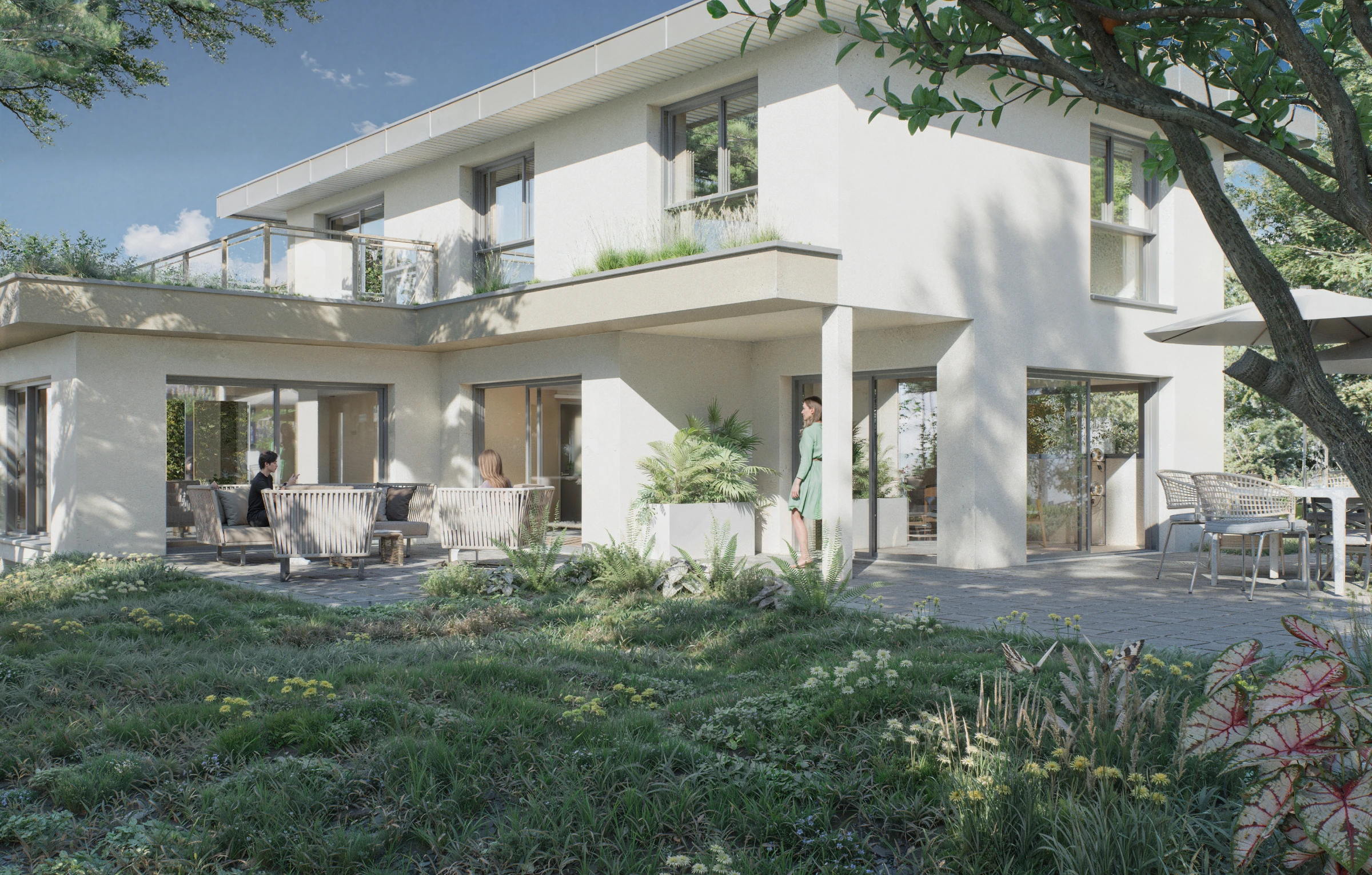 Rendu 3D d'une villa contemporaine a Annecy, jardin et terrasse