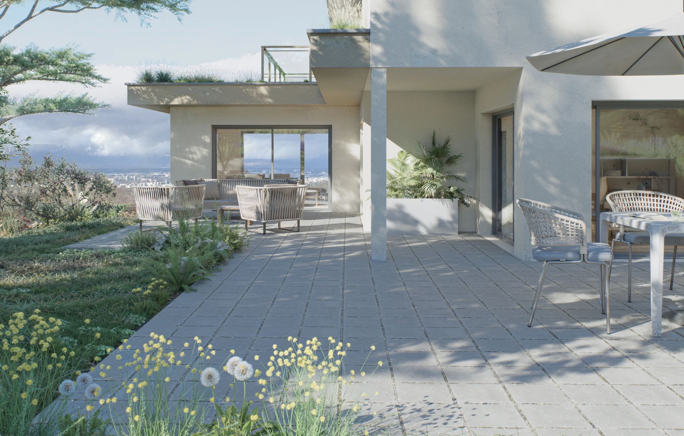 Rendu 3D d'une villa contemporaine a Annecy, salon avec vue panoramique