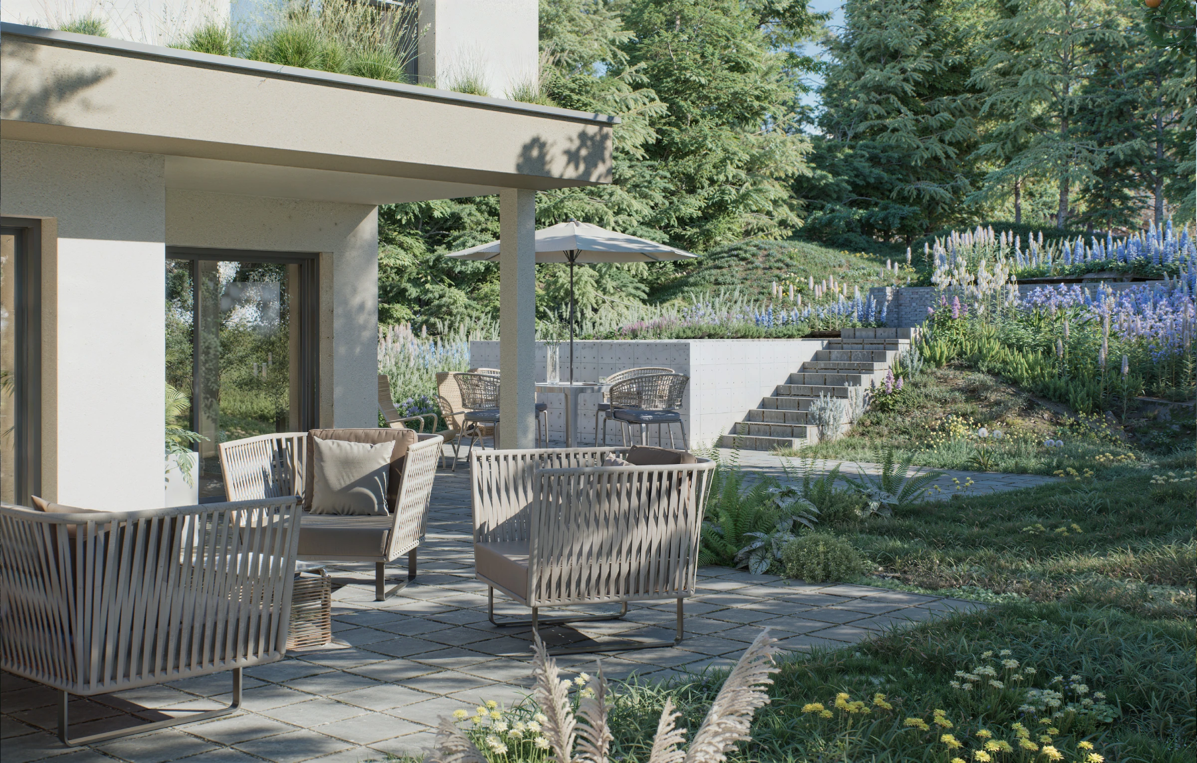 Rendu 3D d'une villa contemporaine a Annecy, terrasse principale