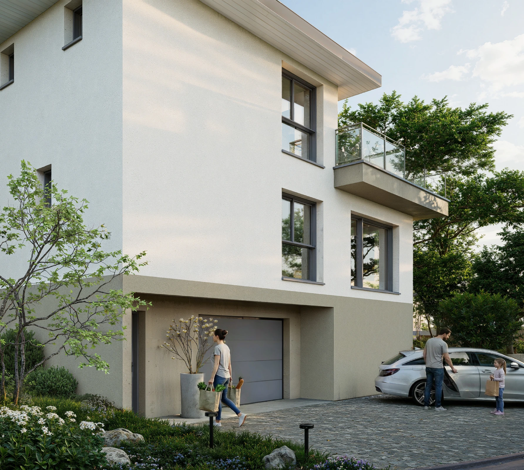 Visualisation 3D architecturale d'une villa contemporaine a Annecy, facade et entree