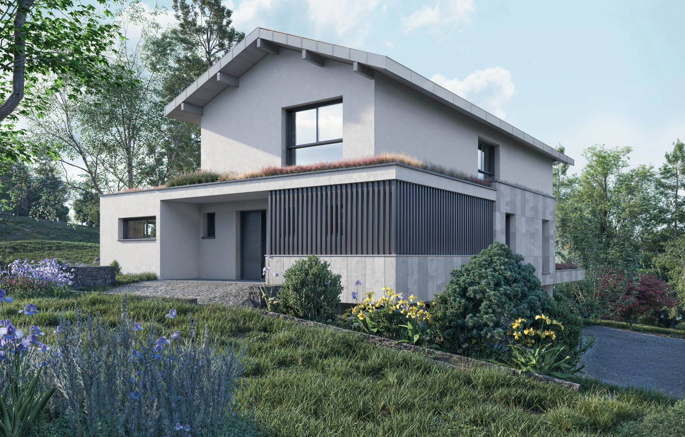 Rendu 3D d'une villa contemporaine avec vue sur les montagnes, façade et terrasse