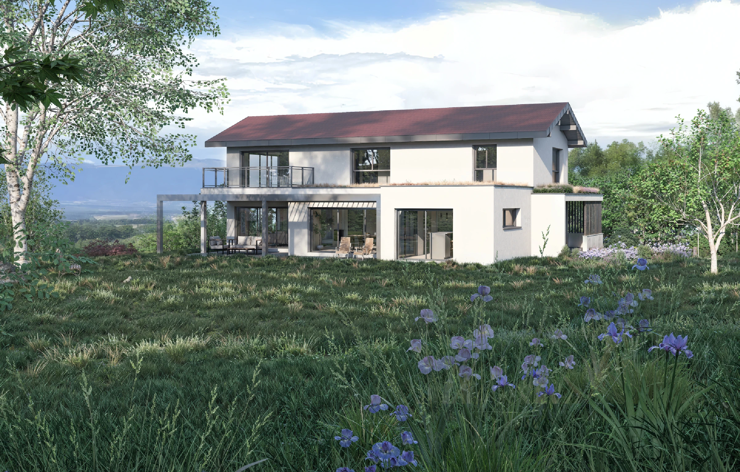 Rendu 3D d'une villa contemporaine avec vue sur les montagnes, jardin paysager