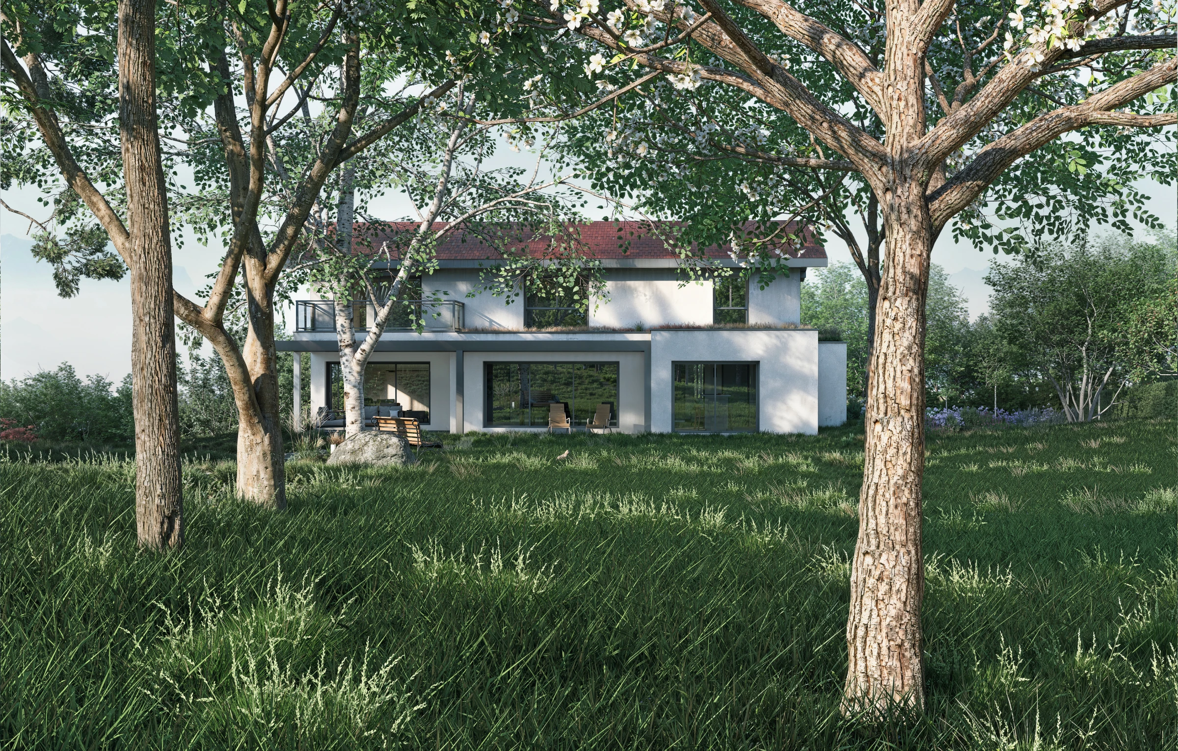 Rendu 3D d'une villa contemporaine avec vue sur les montagnes, terrasse couverte