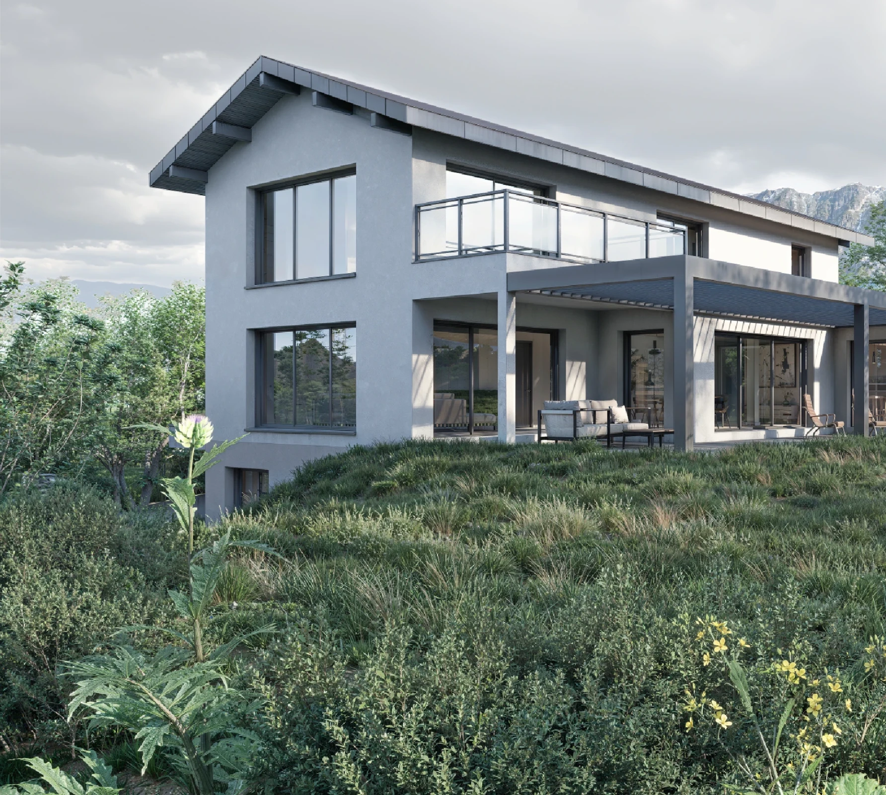 Visualisation 3D d'une villa contemporaine avec vue sur les montagnes, façade principale